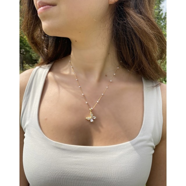 Çelik Gold Kelebek Figürlü Boncuklu Zincir Kolye