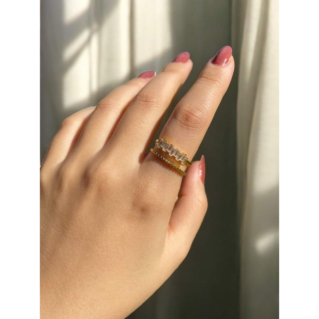 İki Sıra Taşlı Gold Kadın Zarif Yüzük