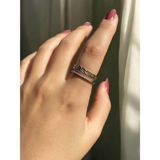 İki Sıra Gümüş Kaplama Kadın Zarif Yüzük