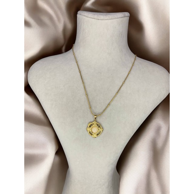 Vintage Çerçeveli Sedef Taşlı Kadın Çelik Kolye