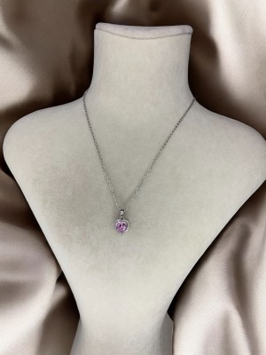 Pembe Kalp Detaylı Silver Kolye