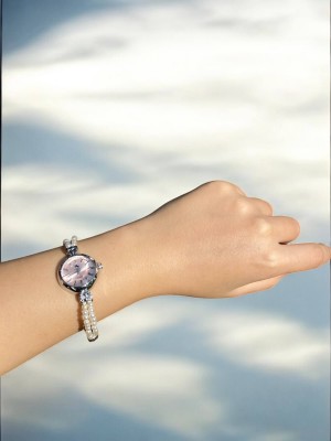 Yuvarlak Pembe Kadranlı Gümüş İnci Kordonlu Kadın Vintage Saat-8