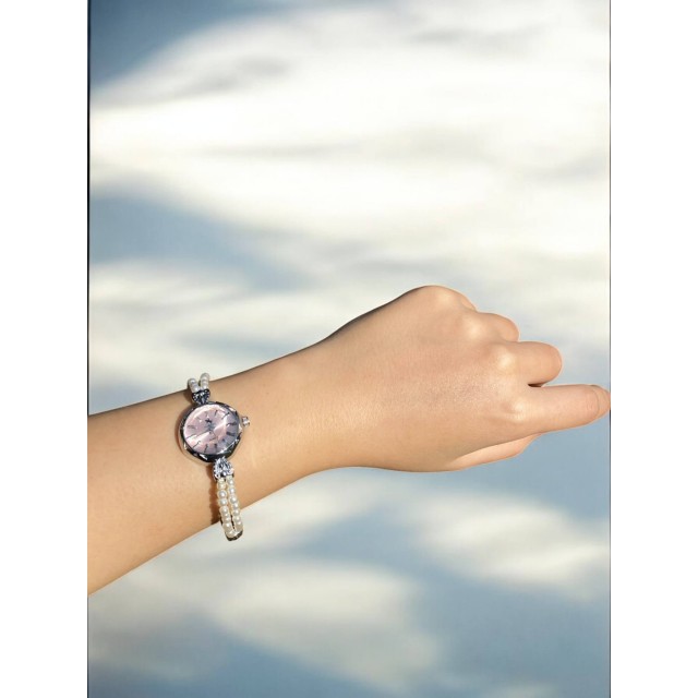 Yuvarlak Pembe Kadranlı Gümüş İnci Kordonlu Kadın Vintage Saat-8