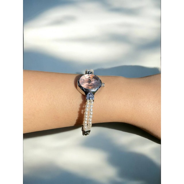 Yuvarlak Pembe Kadranlı Gümüş İnci Kordonlu Kadın Vintage Saat-8