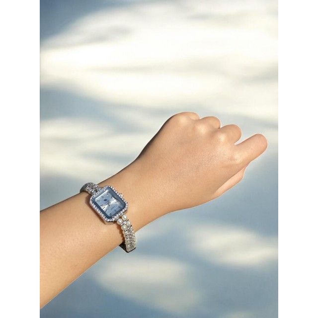 Dikdörtgen Kadranlı Gümüş İnci Kordonlu Kadın Vintage Saat-9