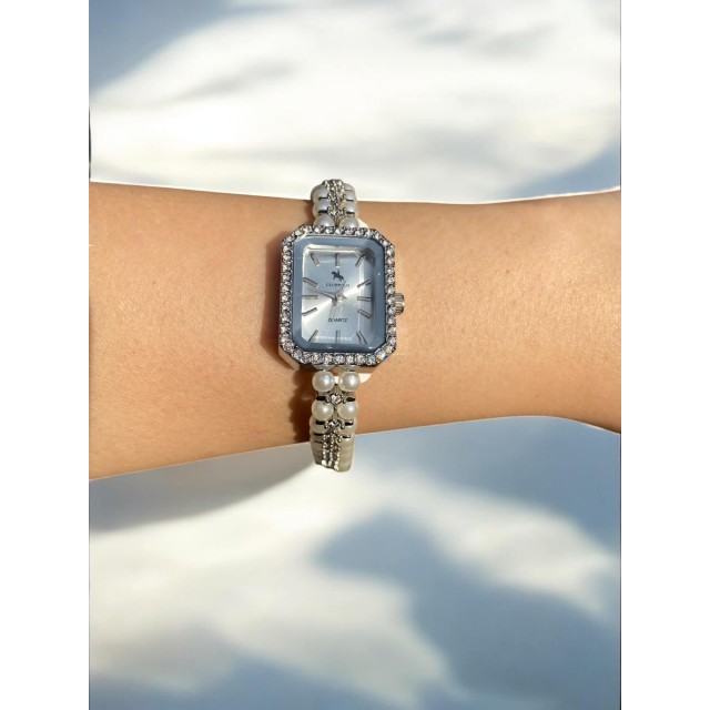 Dikdörtgen Kadranlı Gümüş İnci Kordonlu Kadın Vintage Saat-9