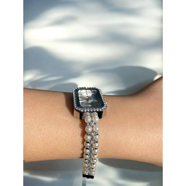 Dikdörtgen Kadranlı Gümüş İnci Kordonlu Kadın Vintage Saat-9