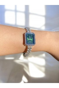 Dikdörtgen Zümrüt Yeşili Kadranlı Gümüş İnci Kordonlu Kadın Vintage Saat-10 Dikdörtgen Zümrüt Yeşili Kadranlı Gümüş İnci Kordonlu Kadın Vintage Saat-10