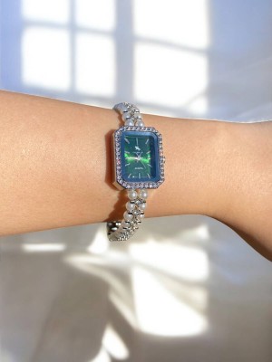 Dikdörtgen Zümrüt Yeşili Kadranlı Gümüş İnci Kordonlu Kadın Vintage Saat-10