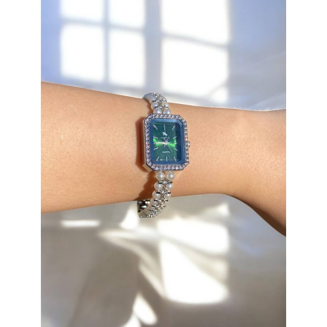 Dikdörtgen Zümrüt Yeşili Kadranlı Gümüş İnci Kordonlu Kadın Vintage Saat-10 Dikdörtgen Zümrüt Yeşili Kadranlı Gümüş İnci Kordonlu Kadın Vintage Saat-10