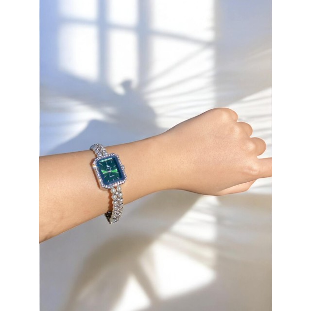 Dikdörtgen Zümrüt Yeşili Kadranlı Gümüş İnci Kordonlu Kadın Vintage Saat-10 Dikdörtgen Zümrüt Yeşili Kadranlı Gümüş İnci Kordonlu Kadın Vintage Saat-10