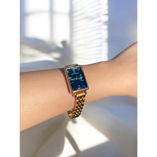 Dikdörtgen Zümrüt Yeşili Kadranlı Gold Kordonlu Kadın Vintage Saat-11