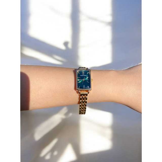 Dikdörtgen Zümrüt Yeşili Kadranlı Gold Kordonlu Kadın Vintage Saat-11