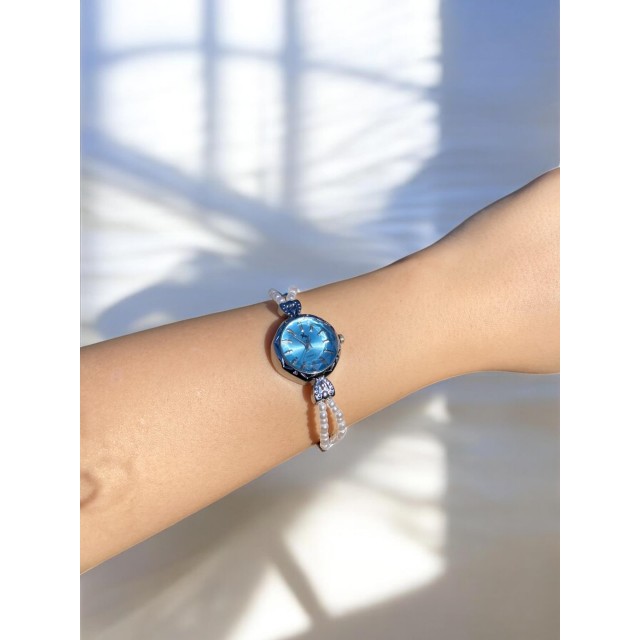 Yuvarlak Mavi Kadranlı Gümüş İnci Kordonlu Kadın Vintage Saat-14