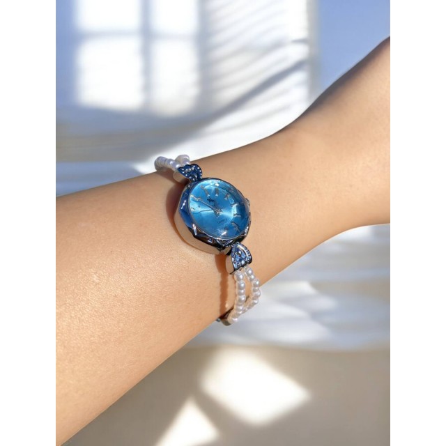 Yuvarlak Mavi Kadranlı Gümüş İnci Kordonlu Kadın Vintage Saat-14