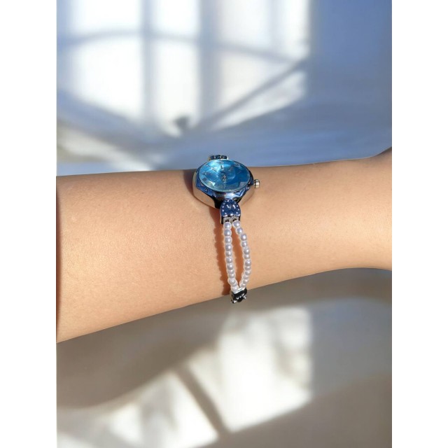 Yuvarlak Mavi Kadranlı Gümüş İnci Kordonlu Kadın Vintage Saat-14