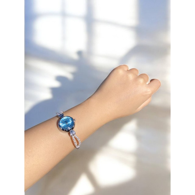 Yuvarlak Mavi Kadranlı Gümüş İnci Kordonlu Kadın Vintage Saat-14