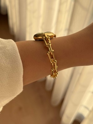 Kadın Yuvarlak Kadran Zincir Kordonlu Gold Tiffany Kol Saati 25