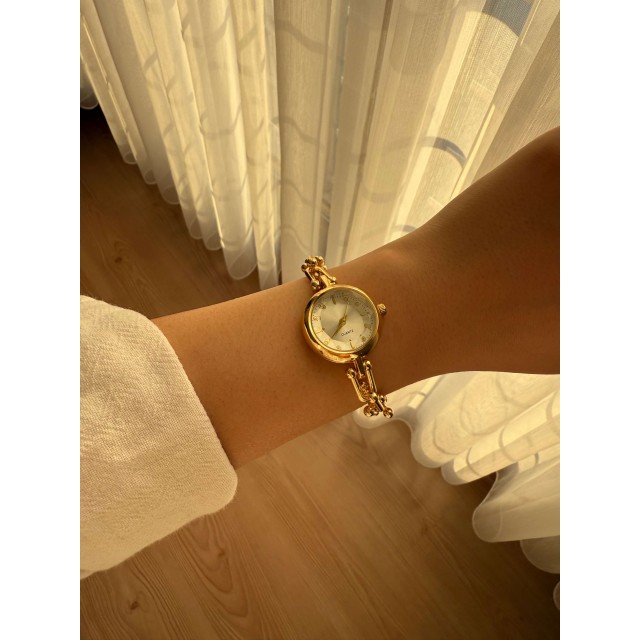 Kadın Yuvarlak Kadran Zincir Kordonlu Gold Tiffany Kol Saati 25