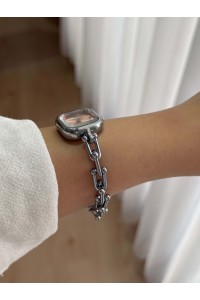 Kadın Kare Kadran Zincir Kordonlu Gümüş Tiffany Kol Saati 26