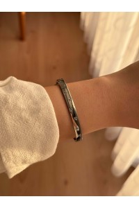 Beyaz Taşlı Yıldız Motifli Çelik Gümüş Kelepçe Bileklik