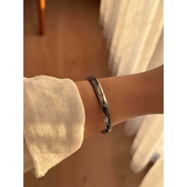 Beyaz Taşlı Yıldız Motifli Çelik Gümüş Kelepçe Bileklik