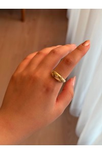 Beyaz Taşlı Yıldız Motifli Çelik Gold Ayarlanabilir Kalın Yüzük