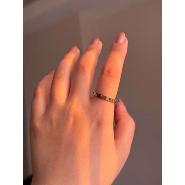 Renkli Taşlı Kuzey Yıldızı Motifli Çelik Gold Yüzük