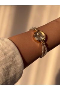 Yuvarlak Beyaz Kadranlı Altın İnci Kordonlu Kadın Vintage Saat- 27