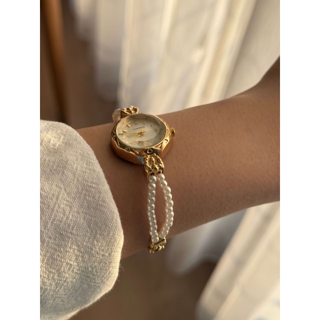 Yuvarlak Beyaz Kadranlı Altın İnci Kordonlu Kadın Vintage Saat- 27