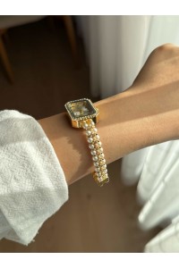 Dikdörtgen Beyaz Kadranlı Altın İnci Kordonlu Kadın Vintage Kol Saati- 30 Dikdörtgen Beyaz Kadranlı Altın İnci Kordonlu Kadın Vintage Kol Saati- 30