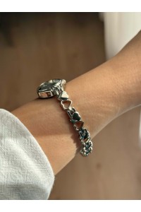 İnce Kalpli Kordon Vintage Çelik Gümüş Minimal Zümrüt Yeşili Kasa Charmlı Kadın Kol Saati -34