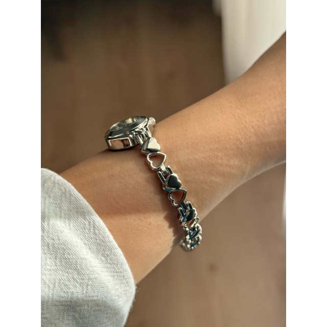 İnce Kalpli Kordon Vintage Çelik Gümüş Minimal Zümrüt Yeşili Kasa Charmlı Kadın Kol Saati -34