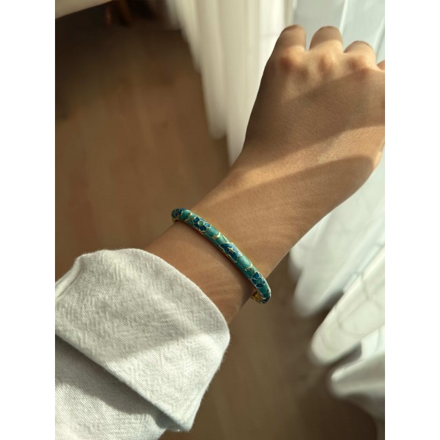 İnce Su Yeşili Çiçek Mineli Kadın Vintage Kelepçe Bileklik