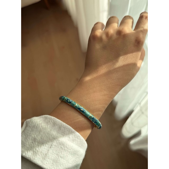 İnce Su Yeşili Çiçek Mineli Kadın Vintage Kelepçe Bileklik