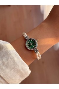 Yuvarlak Yeşil Kadranlı Gümüş İnci Kordonlu Kadın Vintage Saat- 40
