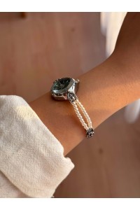 Yuvarlak Yeşil Kadranlı Gümüş İnci Kordonlu Kadın Vintage Saat- 40 Yuvarlak Yeşil Kadranlı Gümüş İnci Kordonlu Kadın Vintage Saat- 40