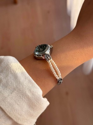 Yuvarlak Yeşil Kadranlı Gümüş İnci Kordonlu Kadın Vintage Saat- 40