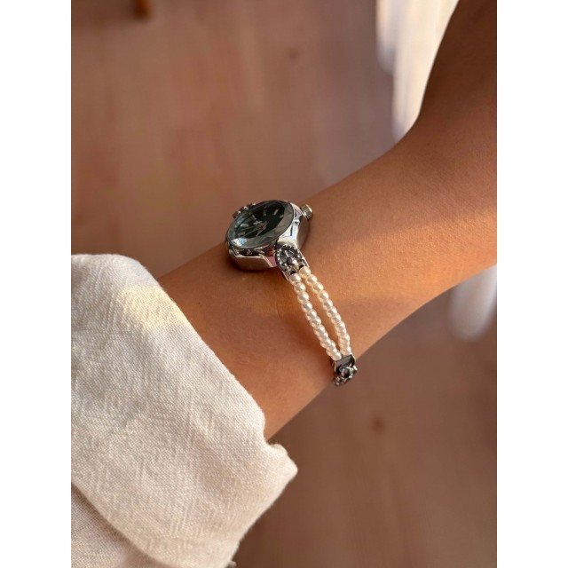 Yuvarlak Yeşil Kadranlı Gümüş İnci Kordonlu Kadın Vintage Saat- 40 Yuvarlak Yeşil Kadranlı Gümüş İnci Kordonlu Kadın Vintage Saat- 40