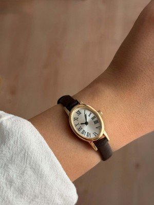 Beyaz Kadranlı İnce Acı Kahve Deri Kayış Kadın Kol Saati -43