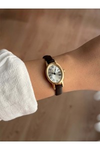 Beyaz Kadranlı İnce Acı Kahve Deri Kayış Kadın Kol Saati -43