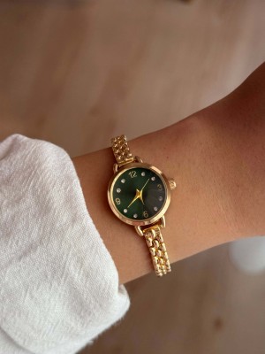 Zümrüt Yeşili Kadran İnce Kordon Vintage Çelik Gold Minimal Kadın Kol Saati - 48