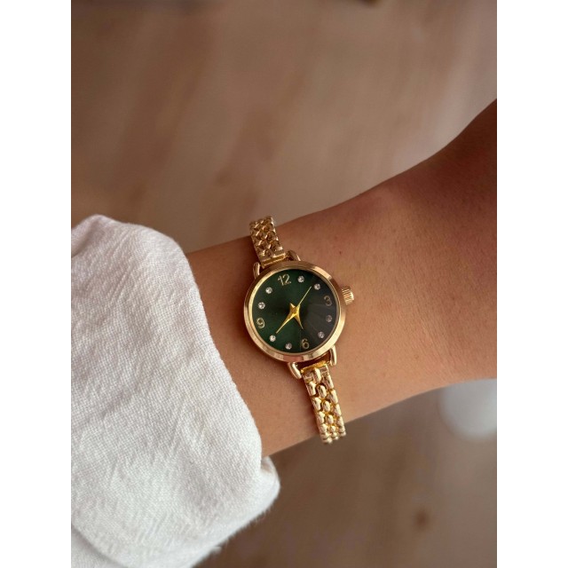 Zümrüt Yeşili Kadran İnce Kordon Vintage Çelik Gold Minimal Kadın Kol Saati - 48