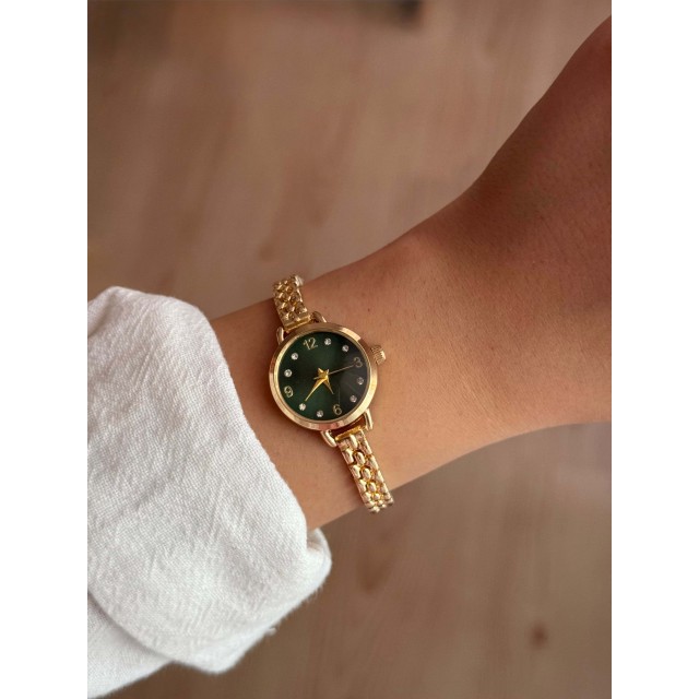 Zümrüt Yeşili Kadran İnce Kordon Vintage Çelik Gold Minimal Kadın Kol Saati - 48